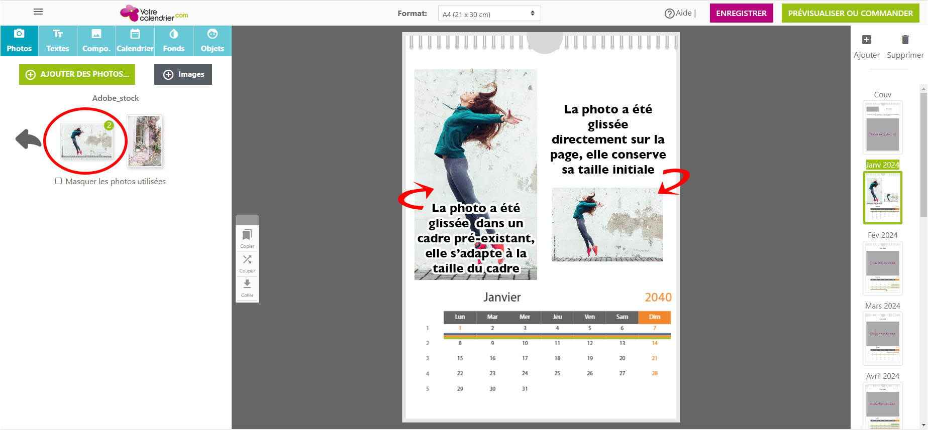 Impression calendriers : taille des photos